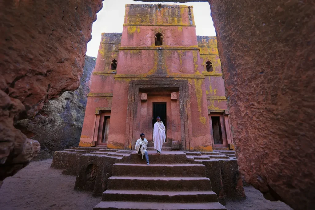 Aerial view of Bet Giyorgis, the cross-shaped rock-hewn church of Lalibela, Ethiopia.