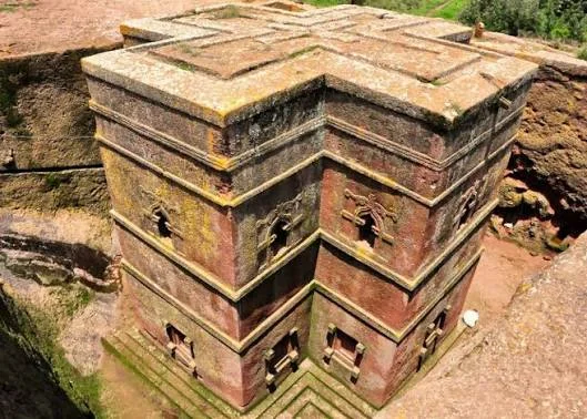 Bet Giyorgis, the cross-shaped Church of Saint George carved into rock at Lalibela, Ethiopia.